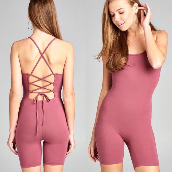 Pants - Dark Mauve Strappy Criss Cross Back Bodycon Romper